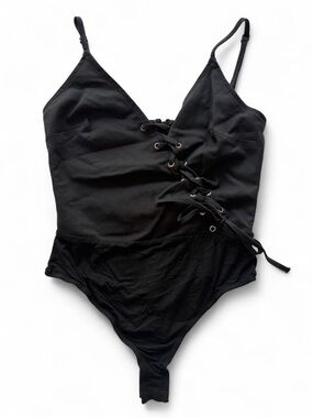 About Us Black Bodysuit with Lace Up Front Detail | Size: S